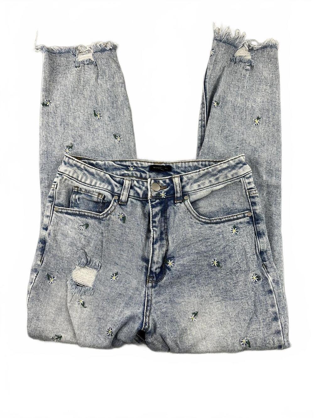 Material Girl Daisy Distressed Mom Jeans Blue High Rise Vintage Y2K Embroidered